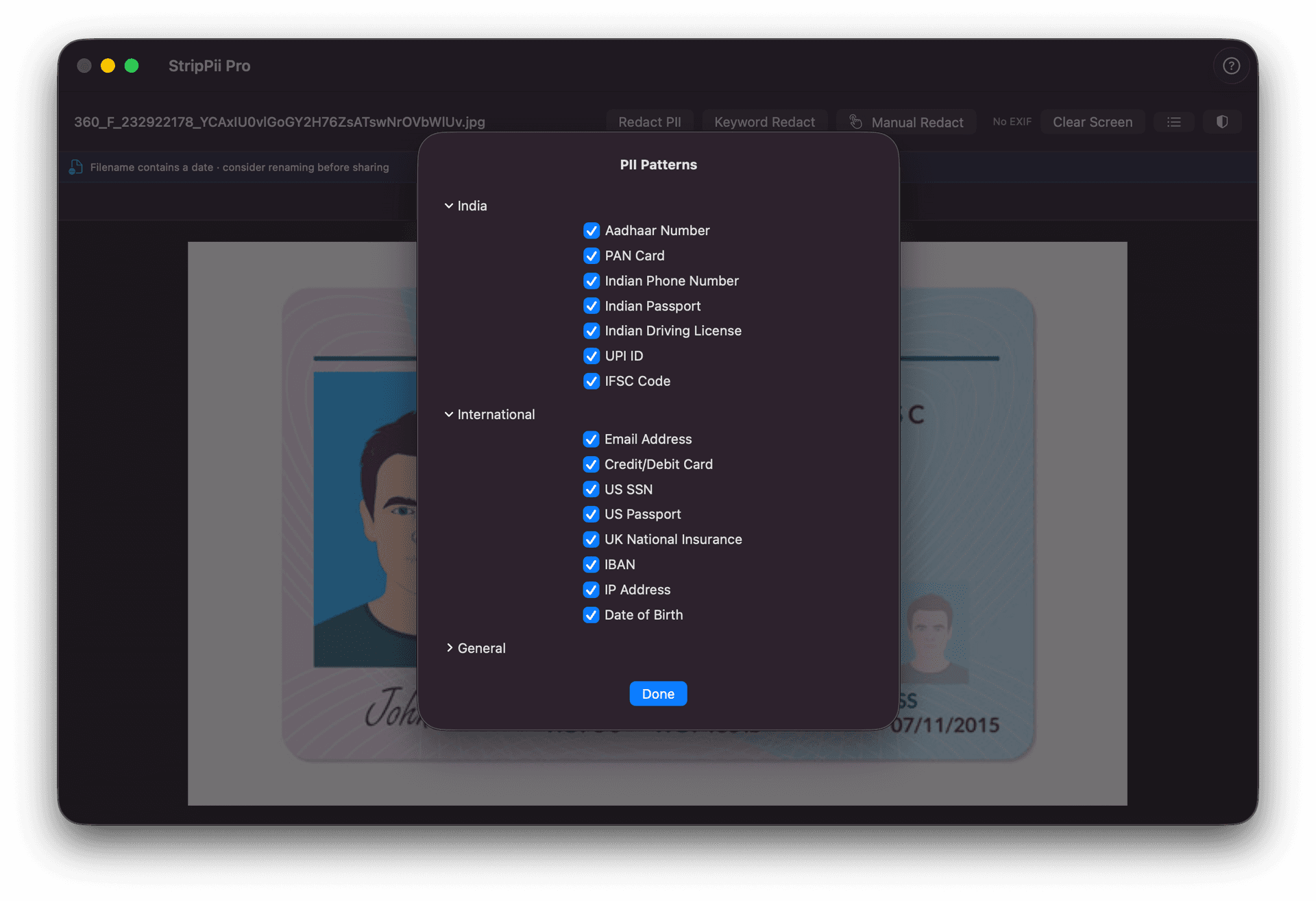 PII Patterns settings showing India and International patterns