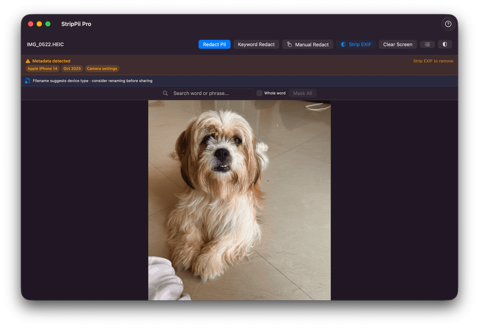 EXIF metadata banner showing GPS location warning